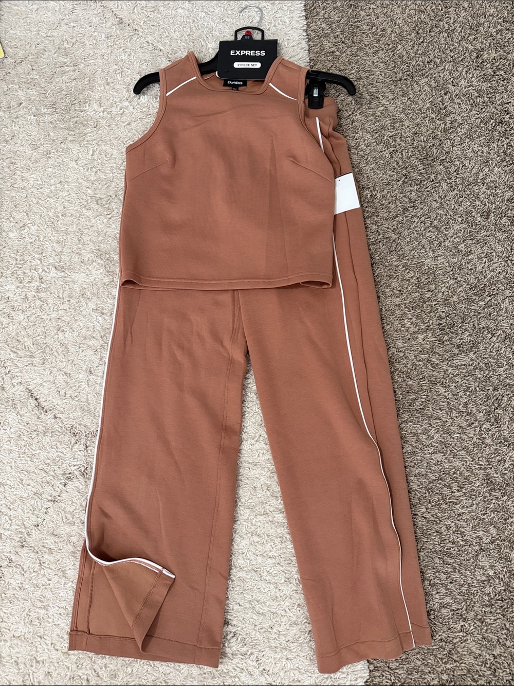 Express Two-Piece Wide-Leg Knit Set in Rust with White Piping